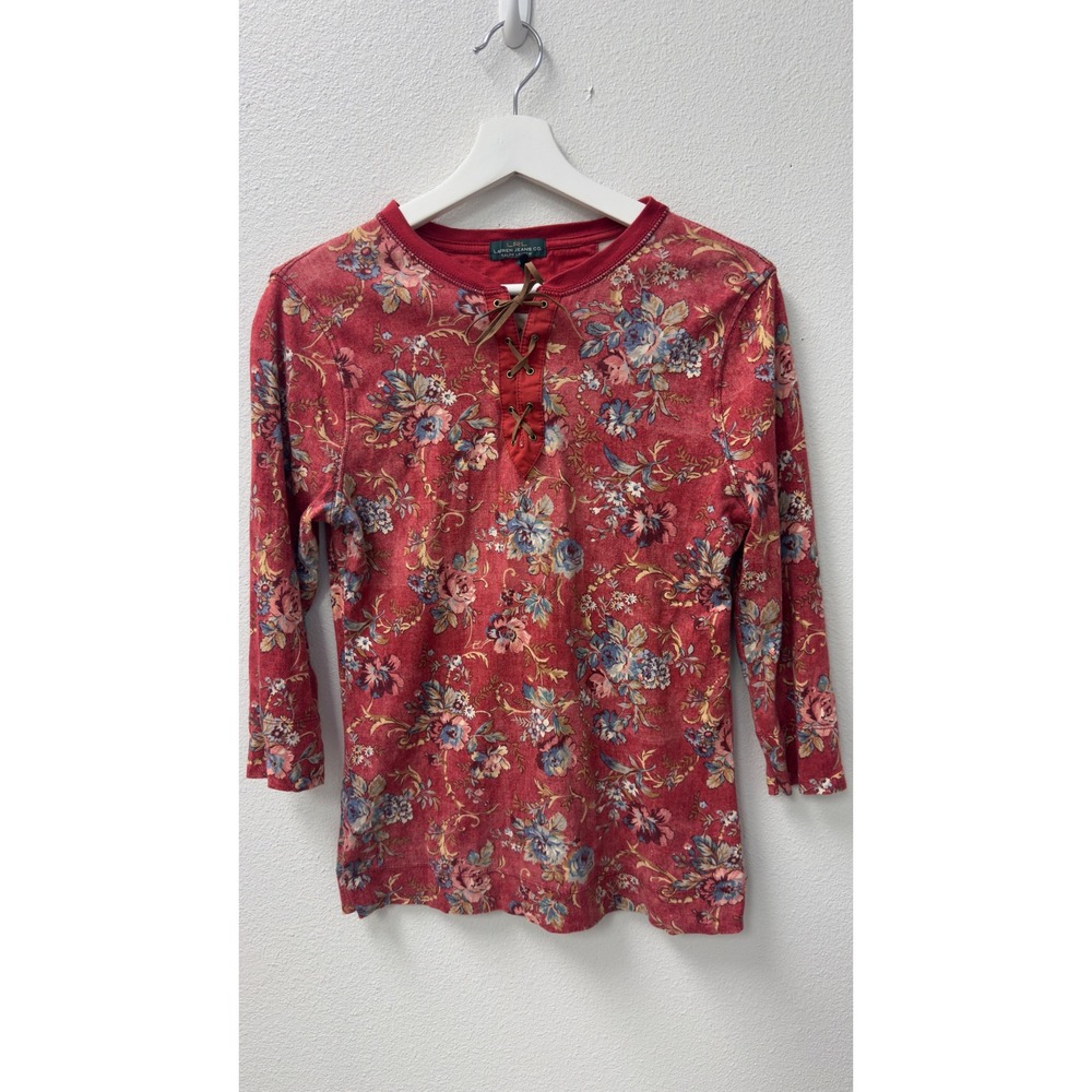 Lauren Ralph‎ Lauren Floral Lace Up Top Womens M Red 3/4 Sleeve Boho Cottagecore